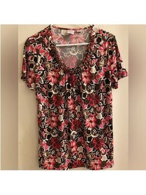 Emma James Women’s Floral Scoop-Neck Top in Pink and Brown- Sz Medium